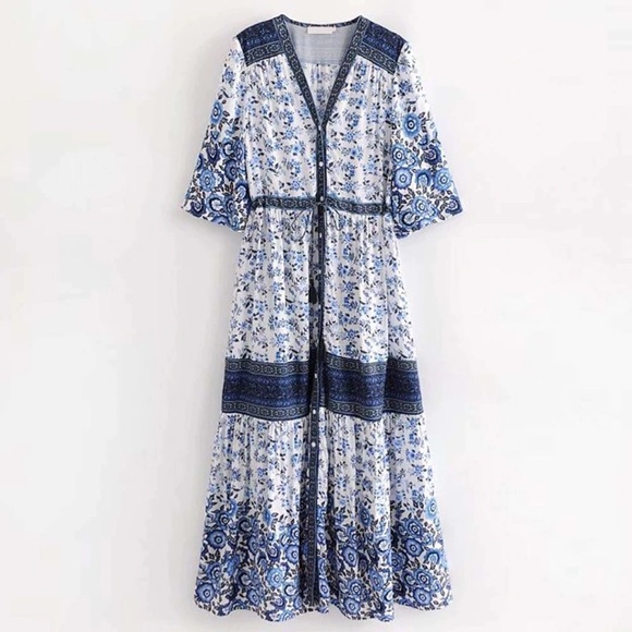 Boho Maxi Gown DRESS Rosewood Floral Elle Red Blue - Picture 6 of 6